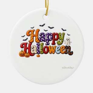 Fröhliches Halloween Polka-Punkt-Blasenbuchstaben Keramik Ornament