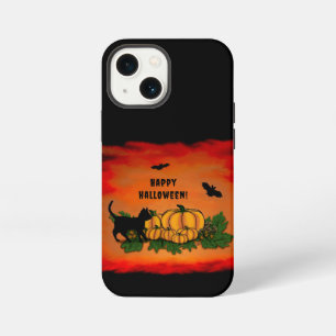 Fröhliches Halloween, schwarze Katze, Fledermaus u iPhone 13 Mini Hülle