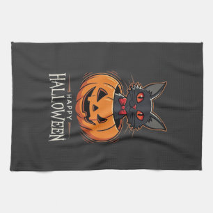Fröhliches Halloween Schwarze Katze Kürbis Design_ Geschirrtuch