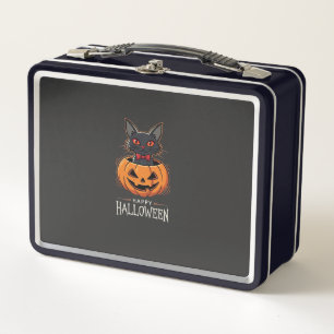 Fröhliches Halloween Schwarze Katze Kürbis Design_ Metall Brotdose