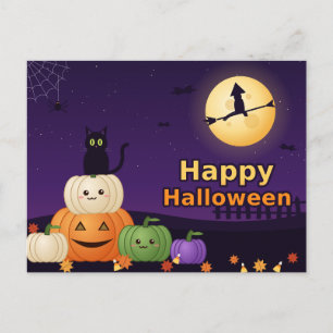 Fröhliches Halloween Schwarze Katze Kürbisse Hexe Postkarte