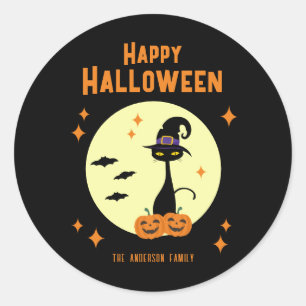 Fröhliches Halloween Schwarze Katze Personalisiert Runder Aufkleber