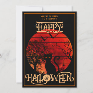 Fröhliches Halloween schwarzes Katzen-Fledermaus-K Einladung