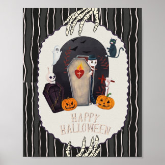 Fröhliches Halloween-Skelett & schwarze Katze Vint Poster