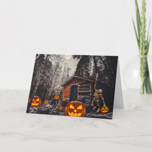 Fröhliches Halloween Skelett und Kürbisse Feiertagskarte