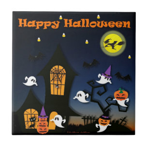 Fröhliches Halloween Spukhaus Geister Fledermäuse  Fliese
