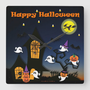 Fröhliches Halloween Spukhaus Quadratische Wanduhr
