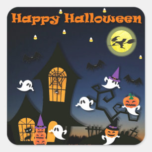 Fröhliches Halloween Spukhaus Quadratischer Aufkleber