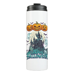 Fröhliches Halloween Spukschloss Kürbisse Geister_ Thermosbecher