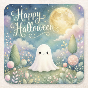 Fröhliches Halloween Süßer Geist Pastellgarten Rechteckiger Pappuntersetzer