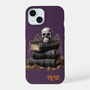 Fröhliches Halloween-Totenkopf und Bücher Custom iPhone 15 Hülle