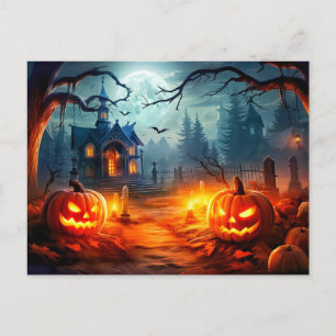 Fröhliches Halloween Unheimliches Spukhaus & Kürbi Postkarte