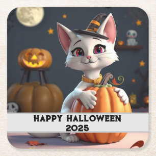 Fröhliches Halloween Weiße Katzenszene Rechteckiger Pappuntersetzer