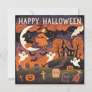 Fröhliches Halloween Whimsical Hexe auf dem Besen Feiertagskarte