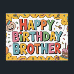 Fröhliches "HAPPY BIRTHDAY BROTHER" Grafik Postkarte<br><div class="desc">Eine helle und energiegeladene 2D-Digitalillustration mit einer fetten "HAPPY BIRTHDAY BROTHER"-Nachricht in einer runden,  mehrfarbigen Blasen-Schriftart. Die festliche Komposition enthält einen lachenden Charakter in einem Partyhut,  einen kleinen glasierten Schokoladenkuchen mit angezündeten Kerzen und verschiedene Luftballons und Luftschlangen. Vor einem lebhaften gelben Sonnenstrahl-Hintergrund mit verstreutem Konfetti.</div>