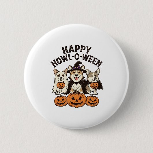 Fröhliches Howl-O-Ween Corgi Halloween Hund Vector Button (Vorderseite)