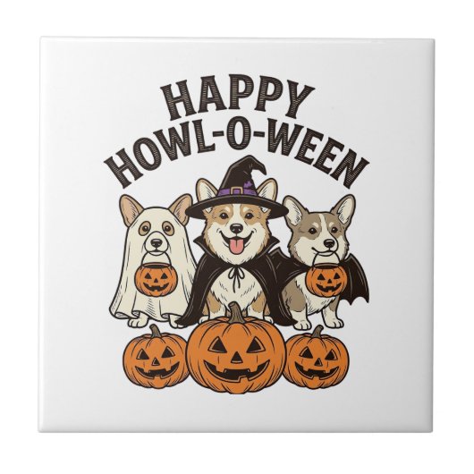 Fröhliches Howl-O-Ween Corgi Halloween Hund Vector Fliese (Vorderseite)