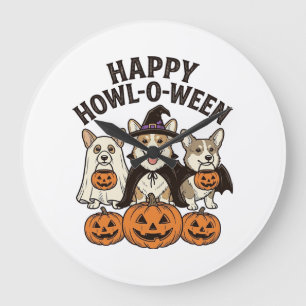 Fröhliches Howl-O-Ween Corgi Halloween Hund Vector Große Wanduhr