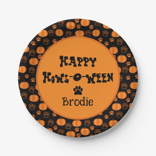 Fröhliches Howl-O-Ween Personalisiertes Hunde-Hall Pappteller (Vorderseite)