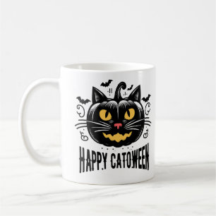 Fröhliches Katoween schwarze Katze Kürbis Gesicht Kaffeetasse