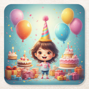 Fröhliches Kind feiert Geburtstag mit Kuchen Rechteckiger Pappuntersetzer