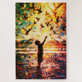 Fröhliches Kind spielt mit Vögeln Sonnenaufgang Wa Puzzle