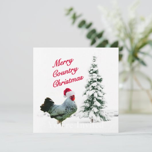Fröhliches Land-Weihnachtshuhn mit Einladung (Stehend Vorderseite)