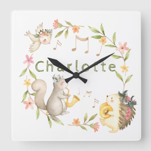 fröhliches Musical Baby Woodland Animal Quadratische Wanduhr (Vorderseite)