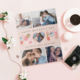 Fröhliches Muttertagsfoto Collage & Blumenmuster Puzzle