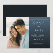 Fröhliches Navy Minimalist Foto Save The Date (Vorne/Hinten)