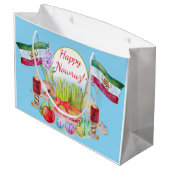 Fröhliches Norooz Haft Sin mit Löwe und Sonnenflag Große Geschenktüte (Rückseite Schrägansicht)
