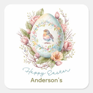 Fröhliches Ostern Florales Osterei Personalisierte Quadratischer Aufkleber