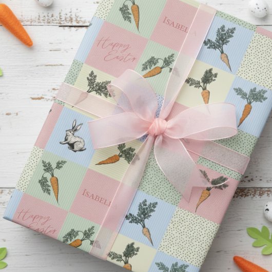 Fröhliches Osthase- und Karotten-Quadratmuster Geschenkpapier