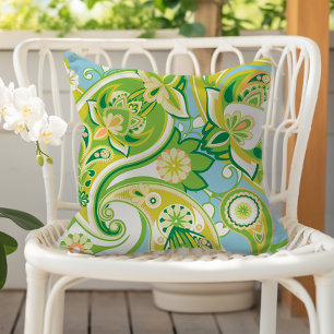 Fröhliches Paisley-Blumenmuster in Grün, Gelb und Kissen