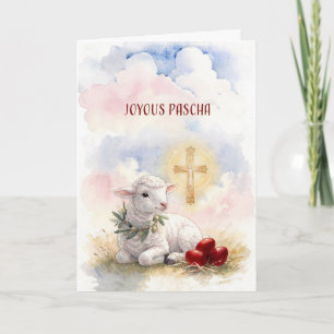 Fröhliches Paschalamm, rote Eier und Kreuz Karte