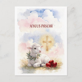 Fröhliches Paschalamm, rote Eier und Kreuz Postkarte