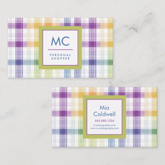 Fröhliches Plaid-Monogramm-Design Visitenkarte (Vorne/Hinten)