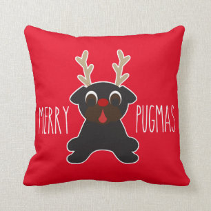 Fröhliches Pugmas schwarzes Mops-Ren Kissen