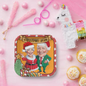 Fröhliches Red and Gold Caricature Couple Pappteller (Party)