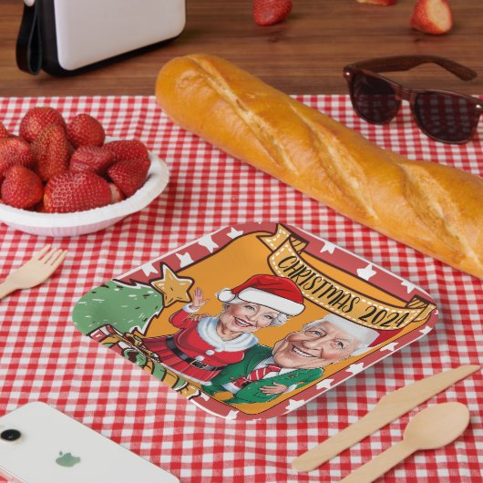 Fröhliches Red and Gold Caricature Couple Pappteller (Picknick)