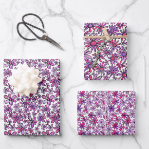 Fröhliches Retro-Blumenmuster mit rosa und Lila Geschenkpapier Set