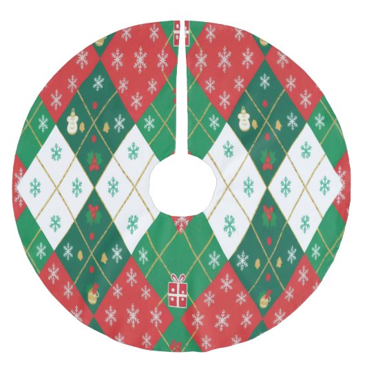 Fröhliches Rot & Grün Argyle Weihnachtsfreude Polyester Weihnachtsbaumdecke (Vorderseite)