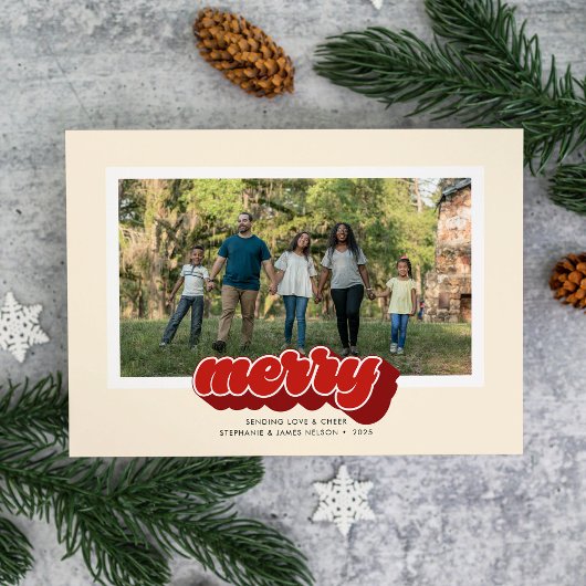 Fröhliches rotes Retro-Script-Weihnachtsfoto Feiertagskarte