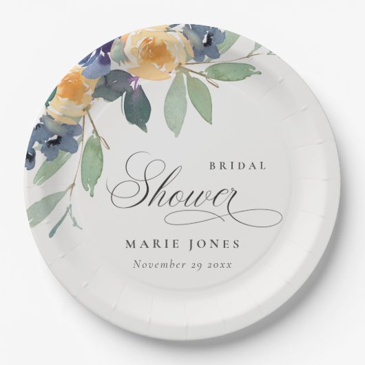 Fröhliches rustikales Gelbblauer Brautparty Pappteller (Vorderseite)