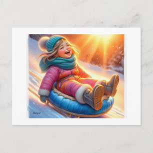 Fröhliches Schlittenfahren im Winterschnee, Postkarte