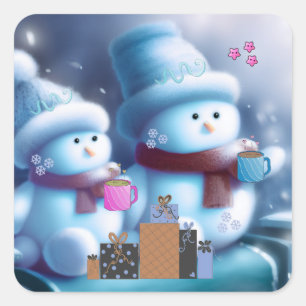 Fröhliches Schneemann-Paar Kaffee Quadratischer Aufkleber