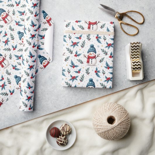 Fröhliches Schneemann & Winter Foliage Muster Geschenkpapier (Kunsthandwerk)