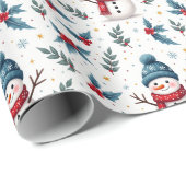Fröhliches Schneemann & Winter Foliage Muster Geschenkpapier (Rolleneckpunkt)