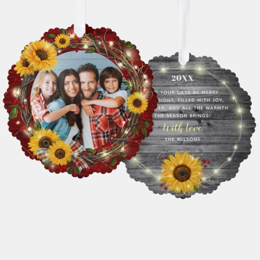 Fröhliches und helles Foto Rustikale Sonnenblumen  Ornament Karte (Vorderseite/Rückseite)