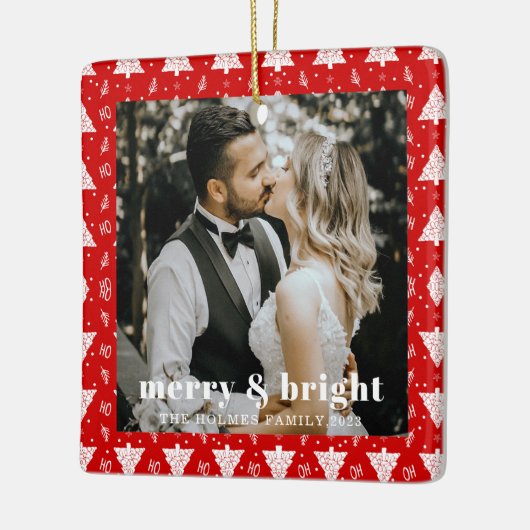 fröhliches und helles Weihnachtsbaumpaar Foto rot Keramikornament (Links)